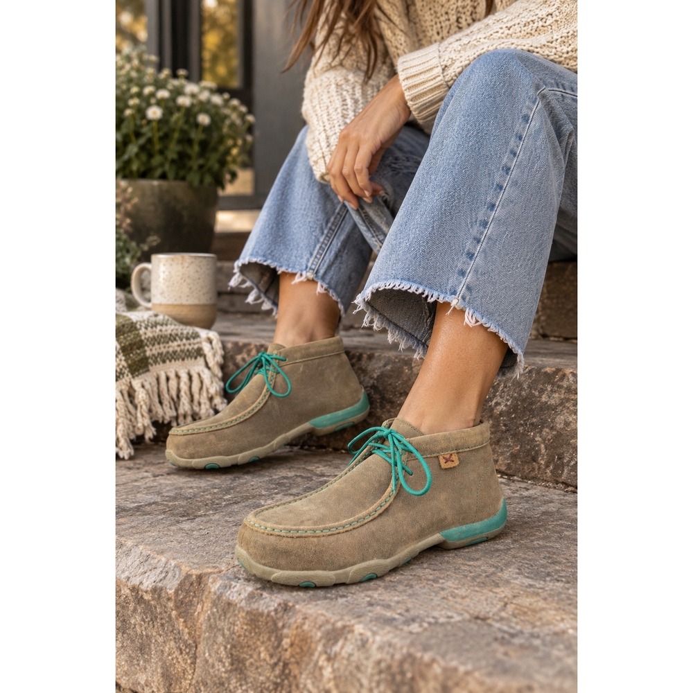 Twisted X Women's 6 M Alloy Toe Chukka Driving Moc Leather Work Shoes Brown Teal